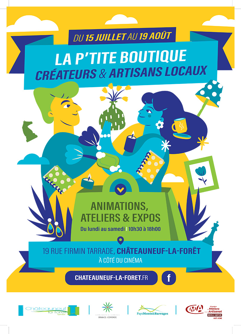 affiche la ptite boutique createurs artisans locaux chateauneuf la foret 2023
